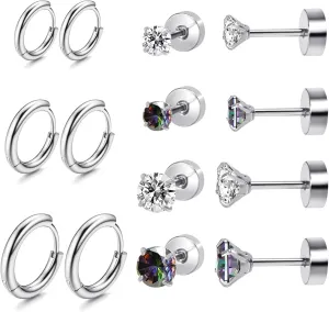 Titanium Earrings for Sensitive Ears - Flat Back Stud & Hoop Earrings Set, Hypoallergenic Surgical Stainless Steel Cubic Zirconia, 7 Pairs