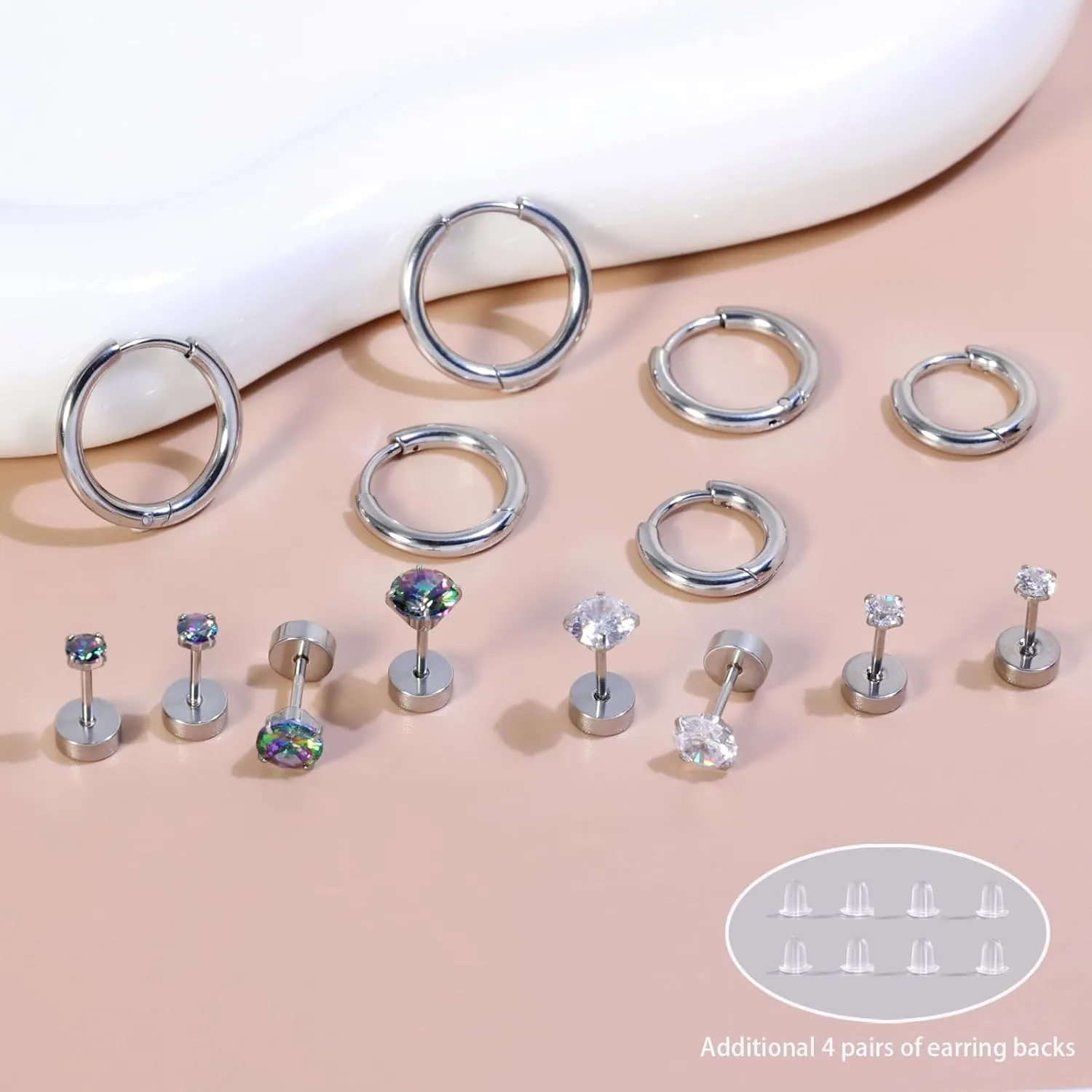 Titanium Earrings for Sensitive Ears - Flat Back Stud & Hoop Earrings Set, Hypoallergenic Surgical Stainless Steel Cubic Zirconia, 7 Pairs