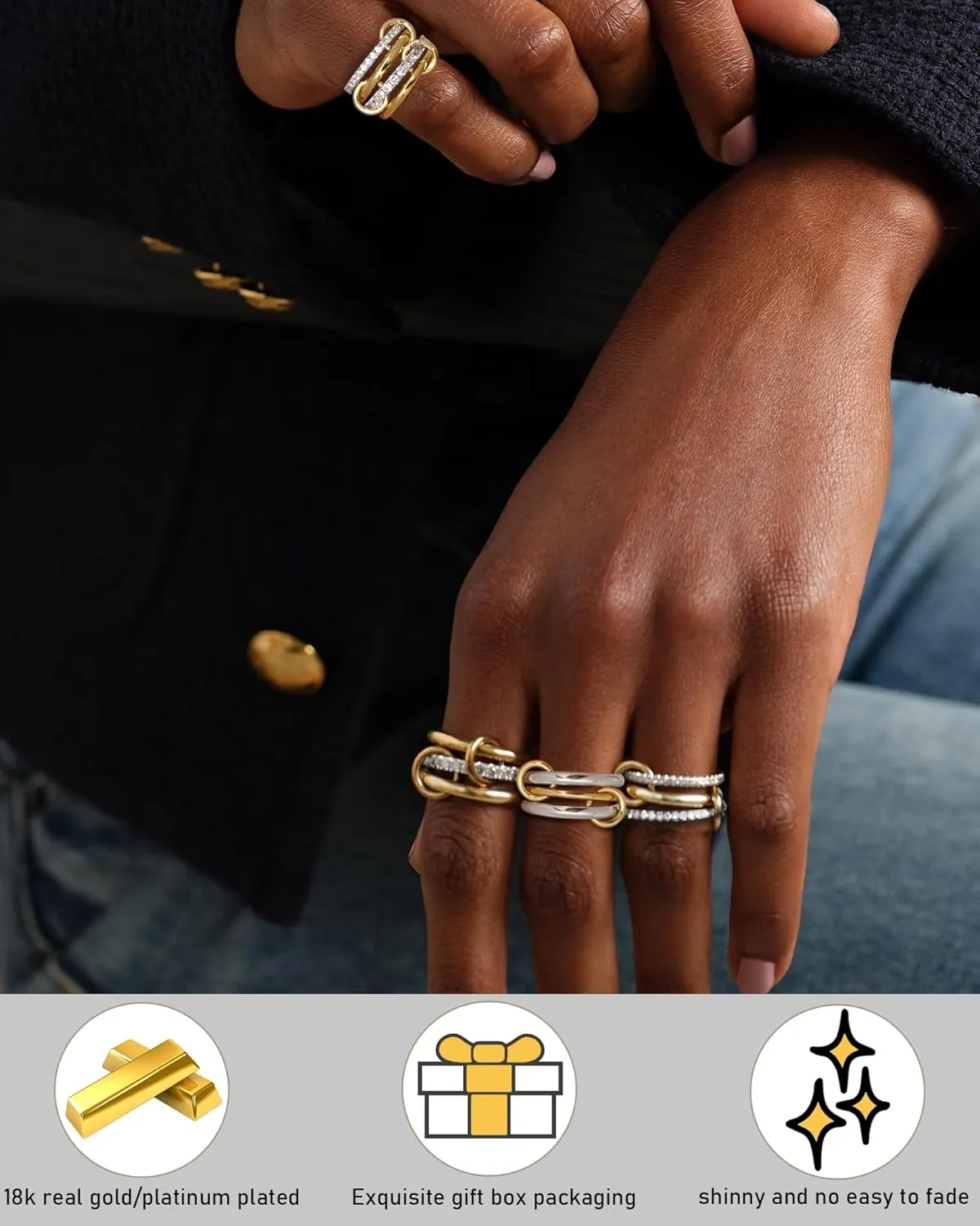 TLY Stackable Rings for Women Non Tarnish 18K Gold Plated Interlocking Ring Stack Set Gold Silver Mixed Metal Statement Rings Dainty Cubic Zirconia CZ Fashion Connected Band Thumb Ring Size 4-11 Jewelry Gift for Women