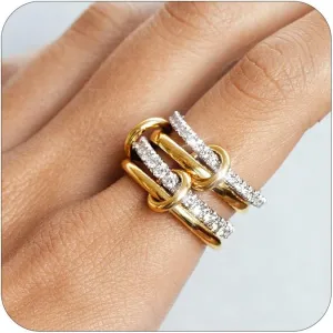 TLY Stackable Rings for Women Non Tarnish 18K Gold Plated Interlocking Ring Stack Set Gold Silver Mixed Metal Statement Rings Dainty Cubic Zirconia CZ Fashion Connected Band Thumb Ring Size 4-11 Jewelry Gift for Women
