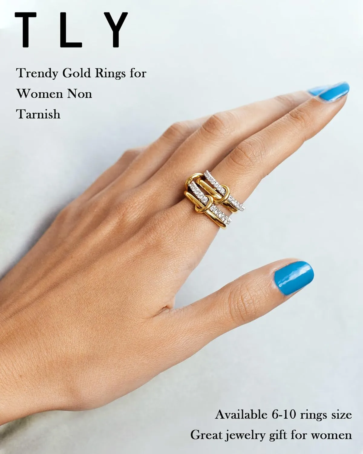 TLY Stackable Rings for Women Non Tarnish 18K Gold Plated Interlocking Ring Stack Set Gold Silver Mixed Metal Statement Rings Dainty Cubic Zirconia CZ Fashion Connected Band Thumb Ring Size 4-11 Jewelry Gift for Women