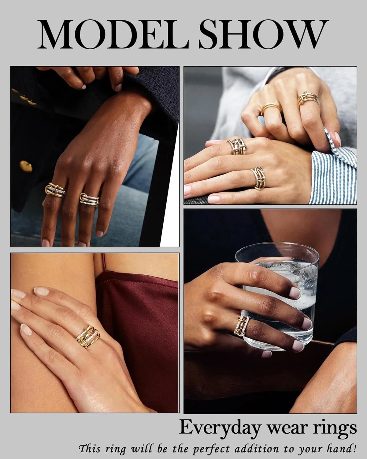 TLY Stackable Rings for Women Non Tarnish 18K Gold Plated Interlocking Ring Stack Set Gold Silver Mixed Metal Statement Rings Dainty Cubic Zirconia CZ Fashion Connected Band Thumb Ring Size 4-11 Jewelry Gift for Women