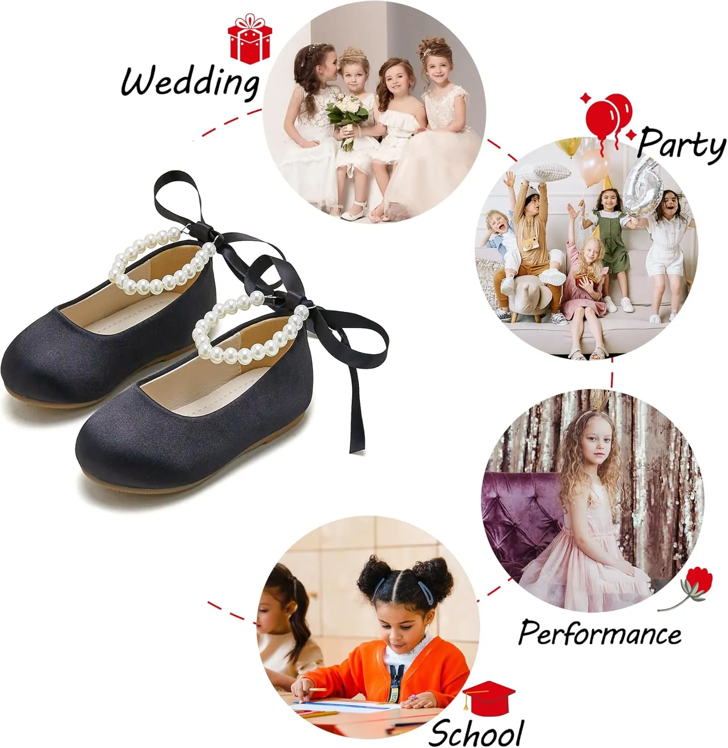 Toddler Flower Girl Dress Shoes - Little Girl Ballet Flats Pearl Strap for Wedding Party