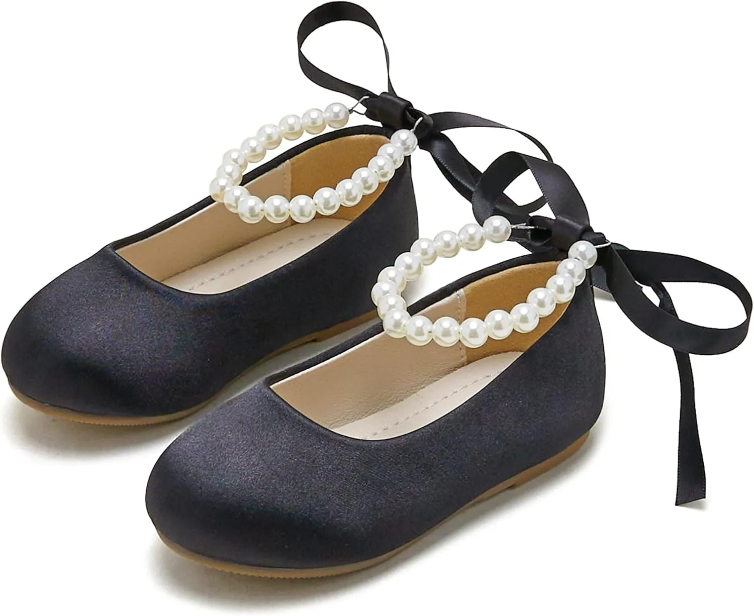 Toddler Flower Girl Dress Shoes - Little Girl Ballet Flats Pearl Strap for Wedding Party