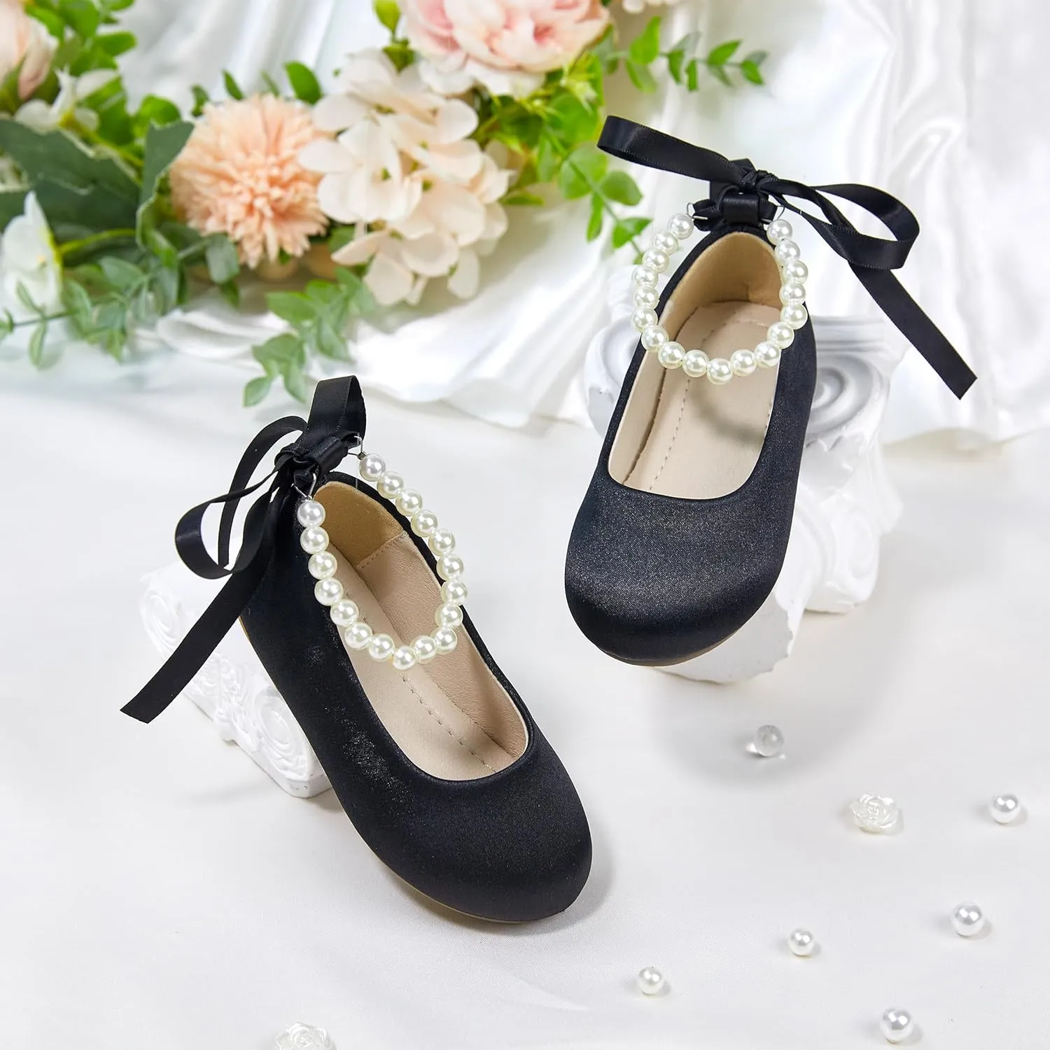 Toddler Flower Girl Dress Shoes - Little Girl Ballet Flats Pearl Strap for Wedding Party