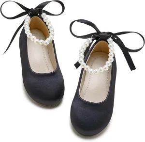 Toddler Flower Girl Dress Shoes - Little Girl Ballet Flats Pearl Strap for Wedding Party