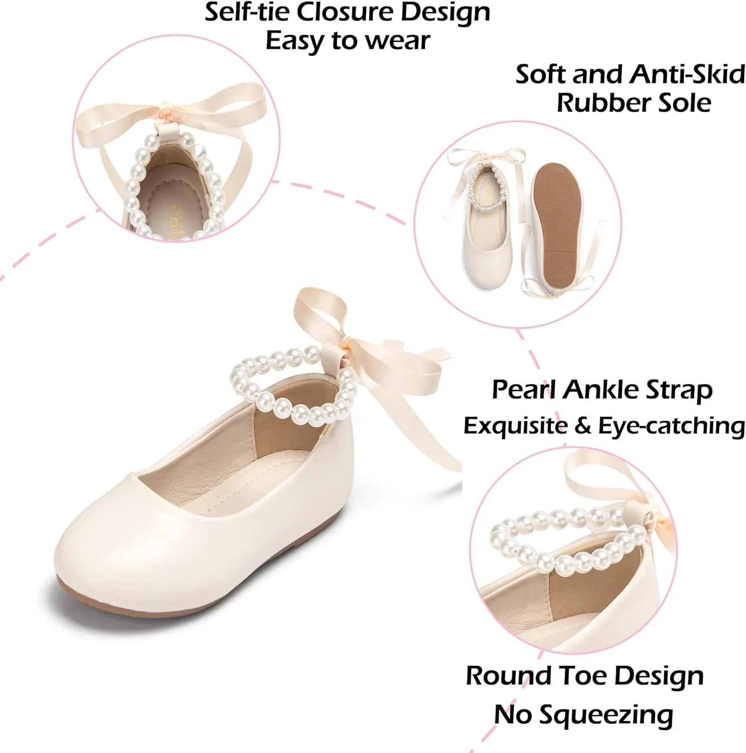 Toddler Flower Girl Dress Shoes - Little Girl Ballet Flats Pearl Strap for Wedding Party