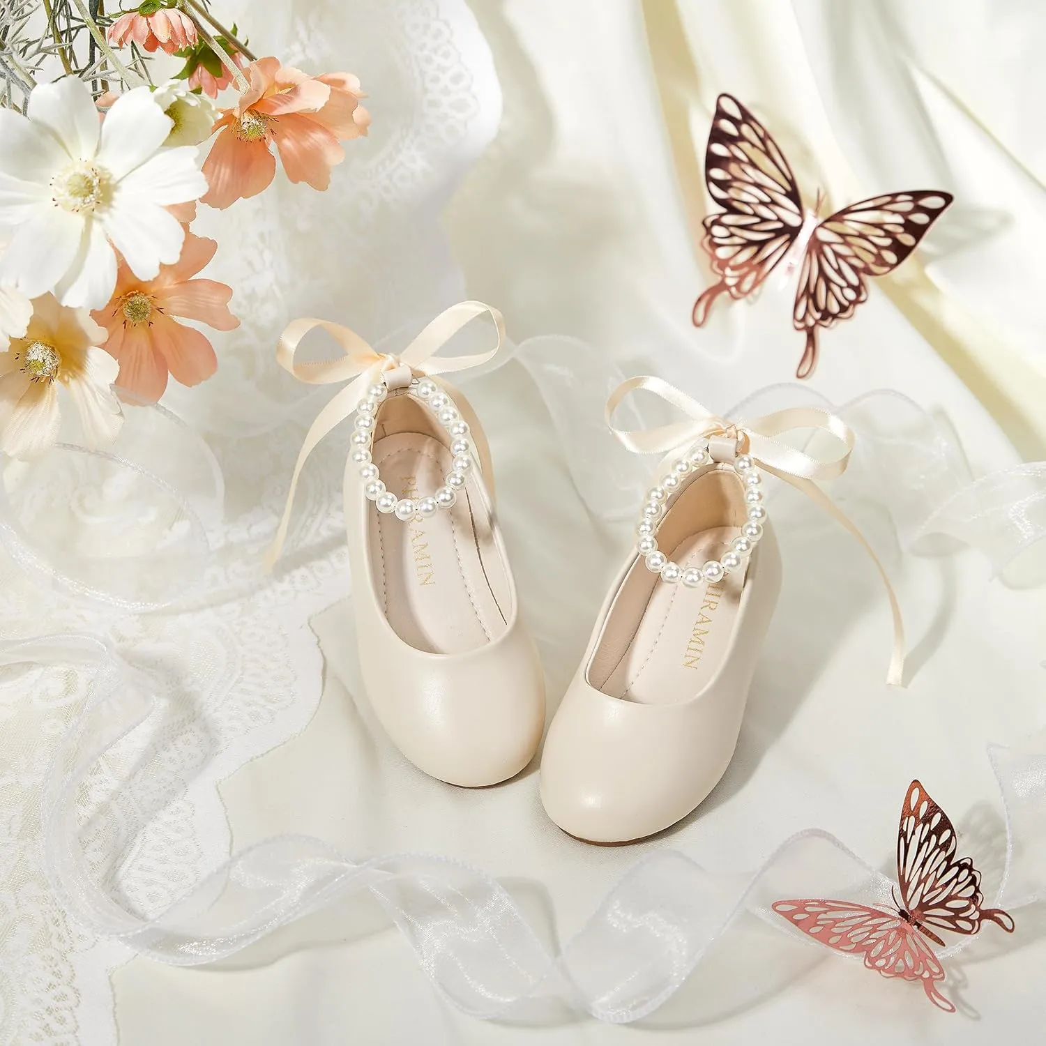 Toddler Flower Girl Dress Shoes - Little Girl Ballet Flats Pearl Strap for Wedding Party