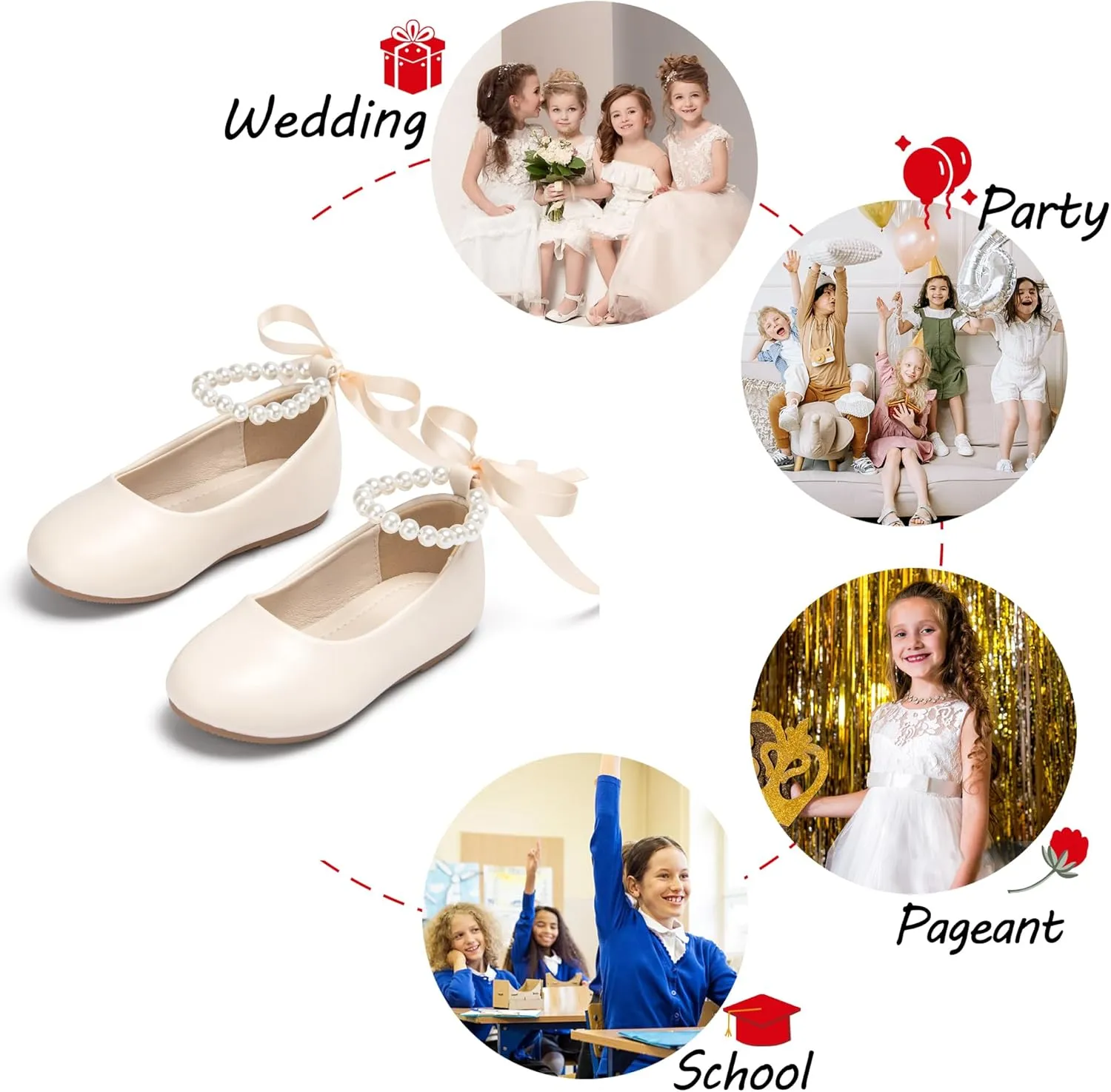 Toddler Flower Girl Dress Shoes - Little Girl Ballet Flats Pearl Strap for Wedding Party