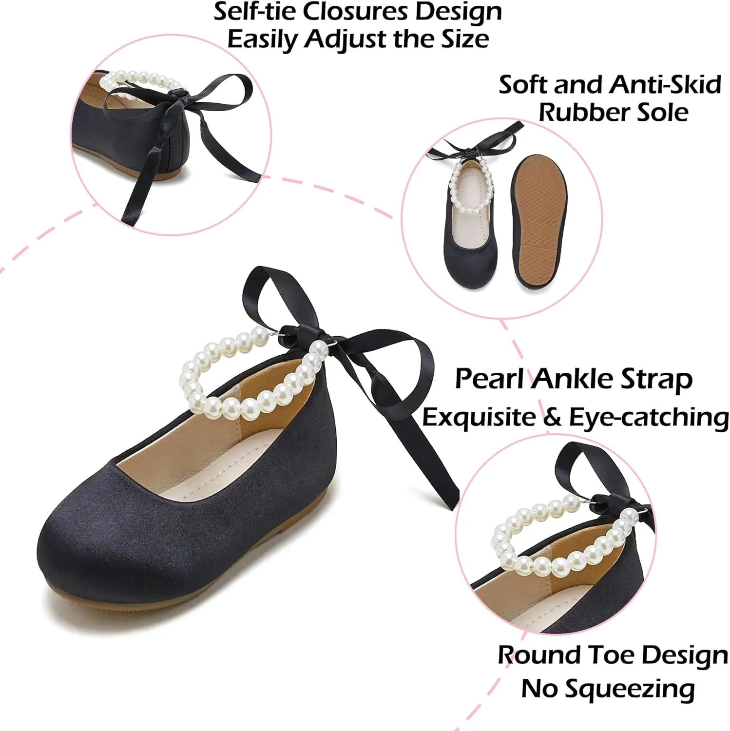 Toddler Flower Girl Dress Shoes - Little Girl Ballet Flats Pearl Strap for Wedding Party