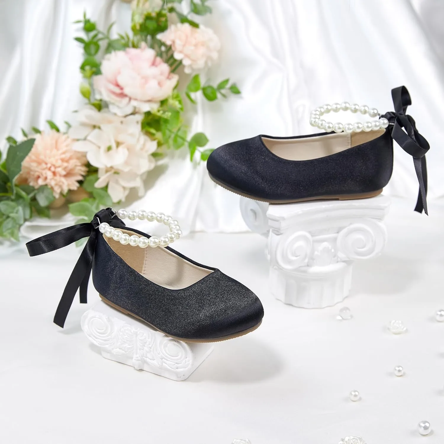Toddler Flower Girl Dress Shoes - Little Girl Ballet Flats Pearl Strap for Wedding Party