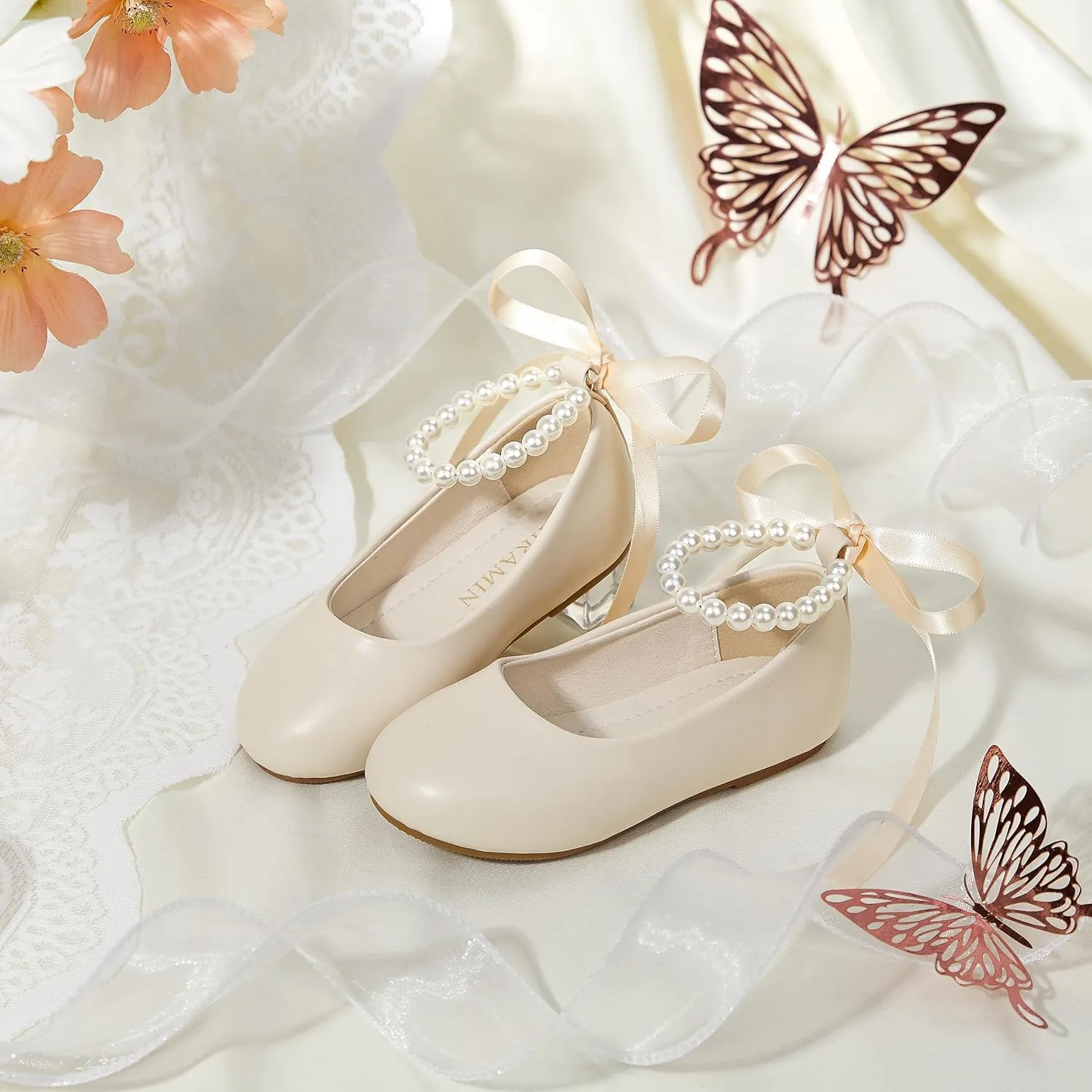 Toddler Flower Girl Dress Shoes - Little Girl Ballet Flats Pearl Strap for Wedding Party