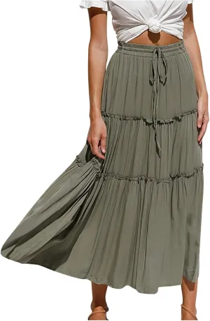 tuduoms Women's Pleated Peasant Long Skirt Boho High Waist Tiered A-Line Flowy Maxi Skirts Beach Summer Elastic Midi Dresses