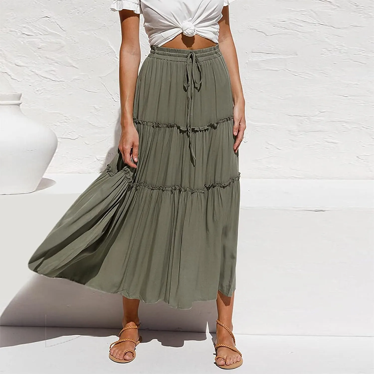 tuduoms Women's Pleated Peasant Long Skirt Boho High Waist Tiered A-Line Flowy Maxi Skirts Beach Summer Elastic Midi Dresses