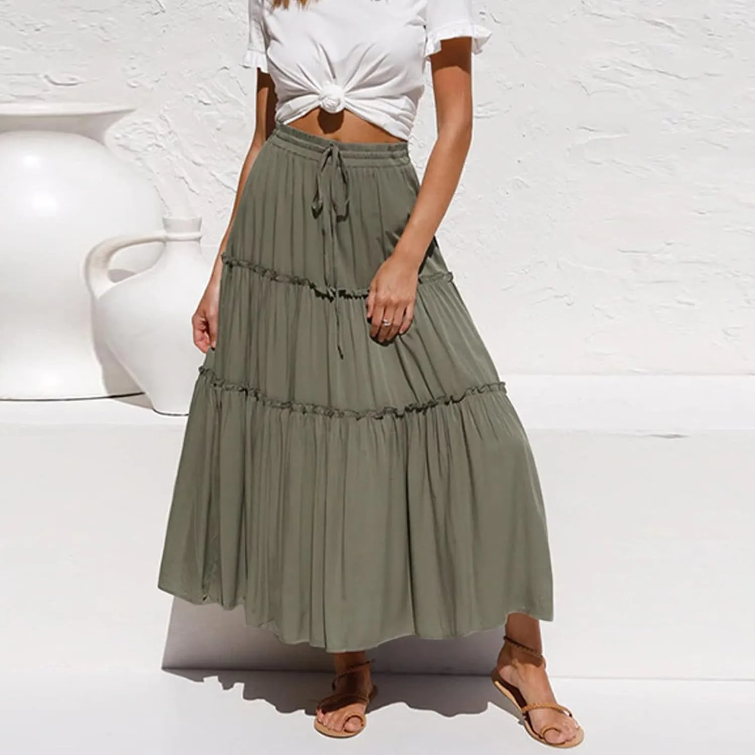 tuduoms Women's Pleated Peasant Long Skirt Boho High Waist Tiered A-Line Flowy Maxi Skirts Beach Summer Elastic Midi Dresses