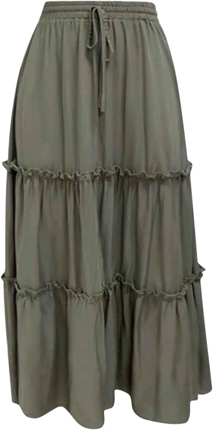 tuduoms Women's Pleated Peasant Long Skirt Boho High Waist Tiered A-Line Flowy Maxi Skirts Beach Summer Elastic Midi Dresses