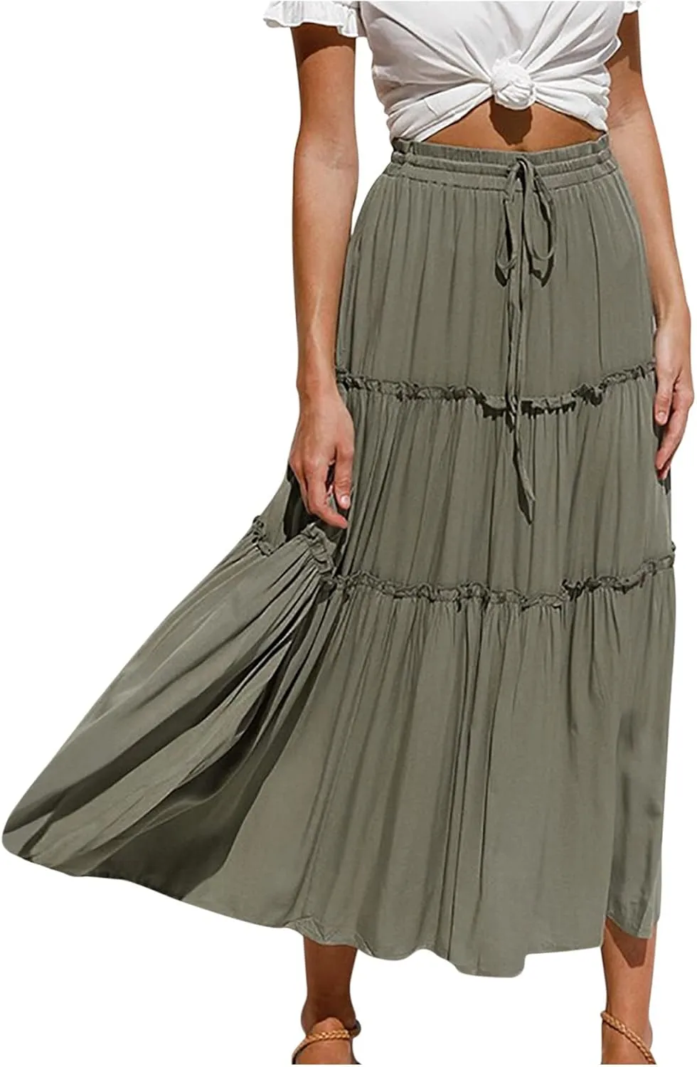 tuduoms Women's Pleated Peasant Long Skirt Boho High Waist Tiered A-Line Flowy Maxi Skirts Beach Summer Elastic Midi Dresses