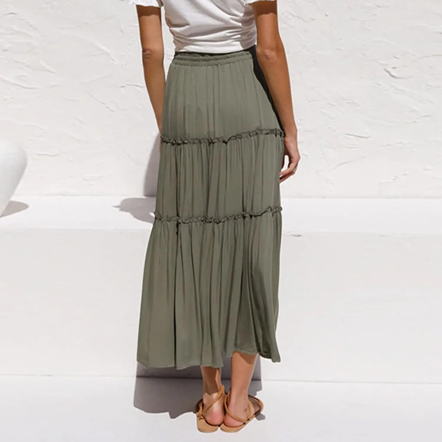 tuduoms Women's Pleated Peasant Long Skirt Boho High Waist Tiered A-Line Flowy Maxi Skirts Beach Summer Elastic Midi Dresses