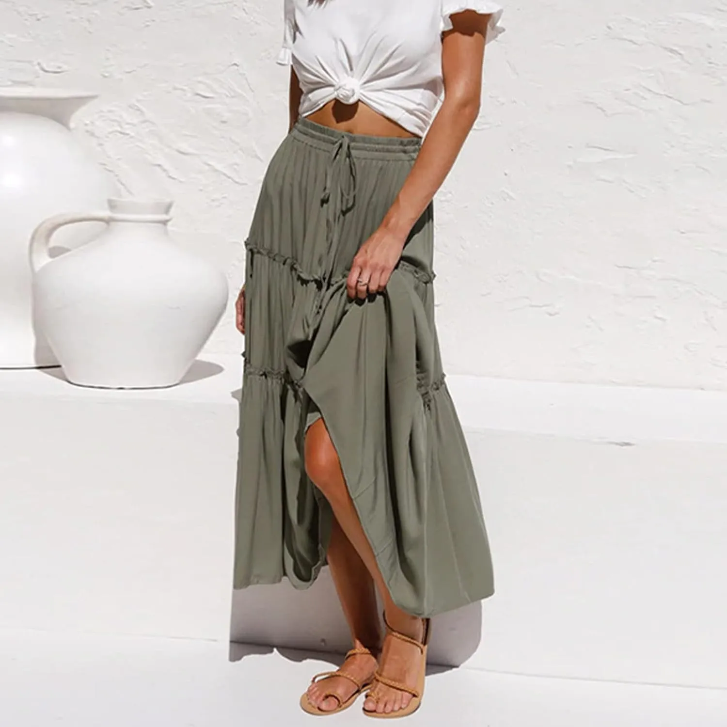 tuduoms Women's Pleated Peasant Long Skirt Boho High Waist Tiered A-Line Flowy Maxi Skirts Beach Summer Elastic Midi Dresses