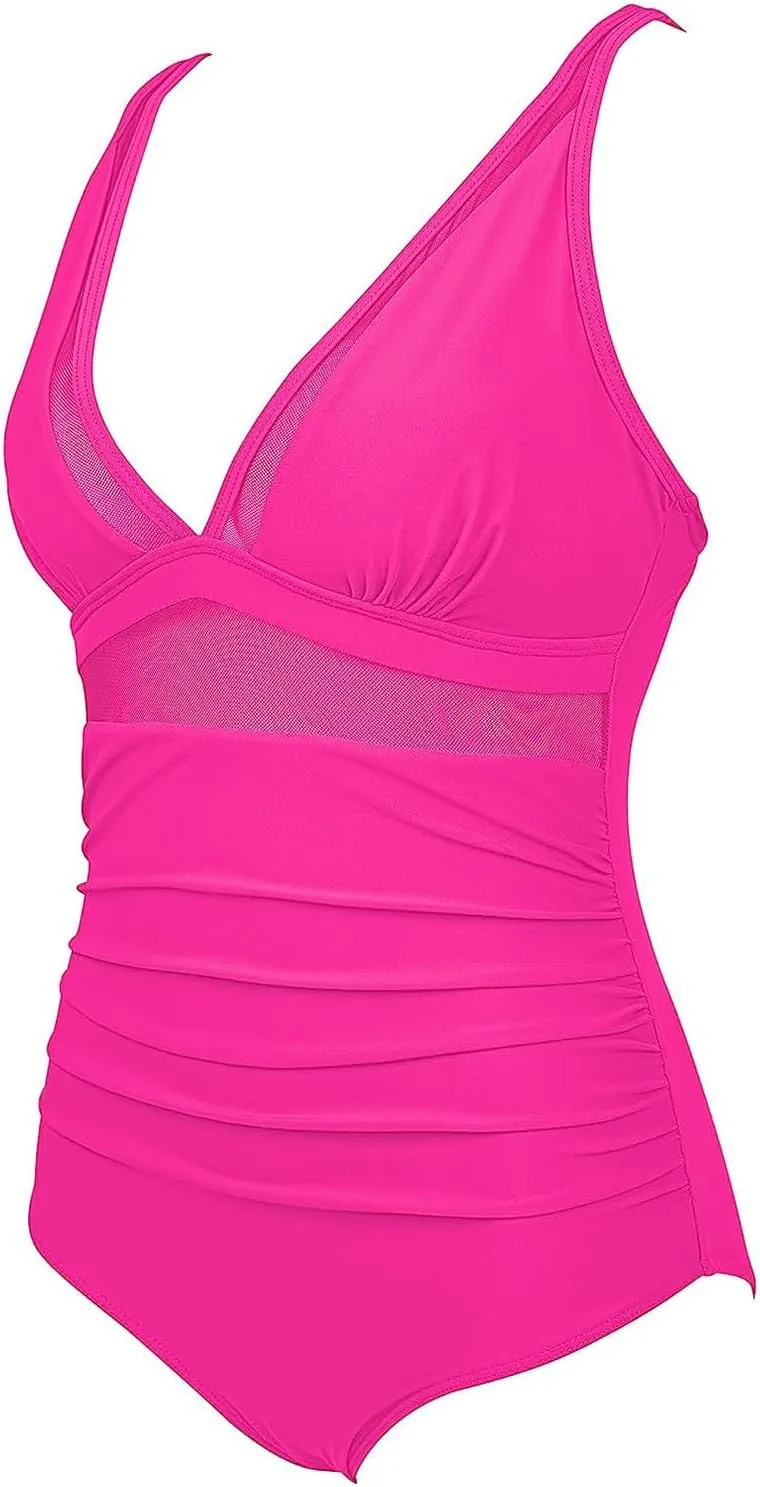 Tummy Control Swimsuits for Women One Piece High Waist V Neck Ruched Mesh Bathing Suit Sexy Adjustable Strap Swimwear