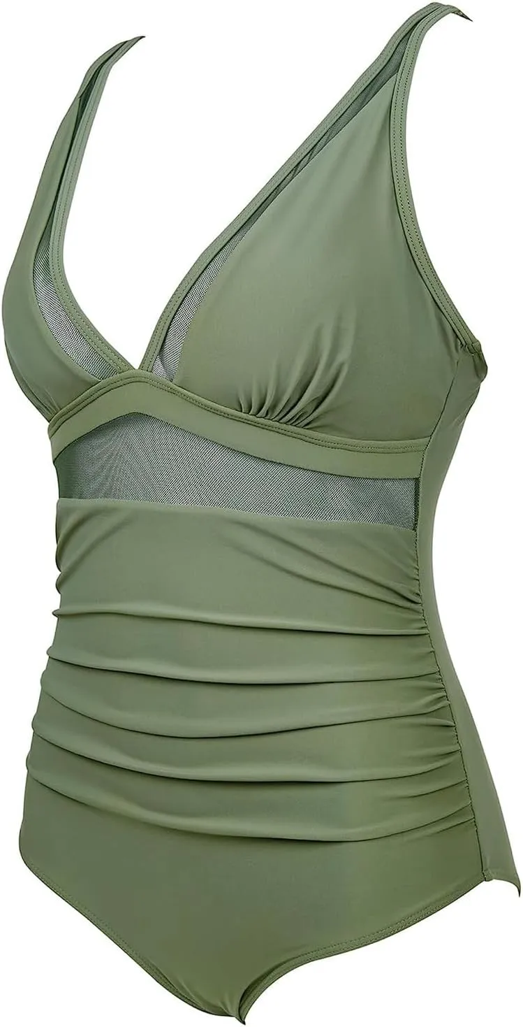 Tummy Control Swimsuits for Women One Piece High Waist V Neck Ruched Mesh Bathing Suit Sexy Adjustable Strap Swimwear