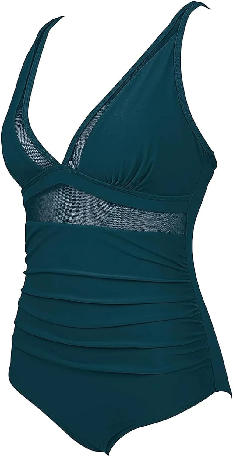 Tummy Control Swimsuits for Women One Piece High Waist V Neck Ruched Mesh Bathing Suit Sexy Adjustable Strap Swimwear