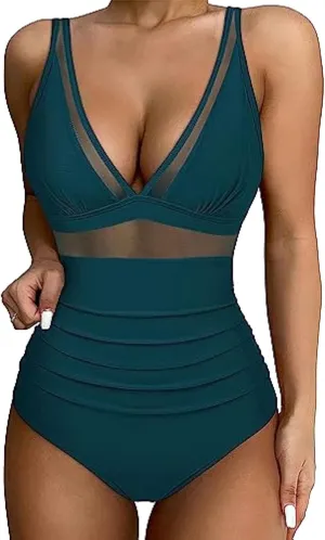 Tummy Control Swimsuits for Women One Piece High Waist V Neck Ruched Mesh Bathing Suit Sexy Adjustable Strap Swimwear