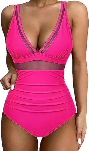 Tummy Control Swimsuits for Women One Piece High Waist V Neck Ruched Mesh Bathing Suit Sexy Adjustable Strap Swimwear