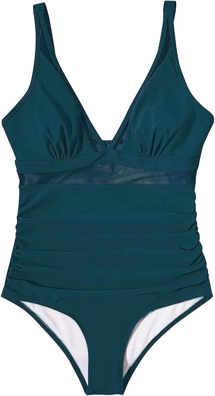 Tummy Control Swimsuits for Women One Piece High Waist V Neck Ruched Mesh Bathing Suit Sexy Adjustable Strap Swimwear