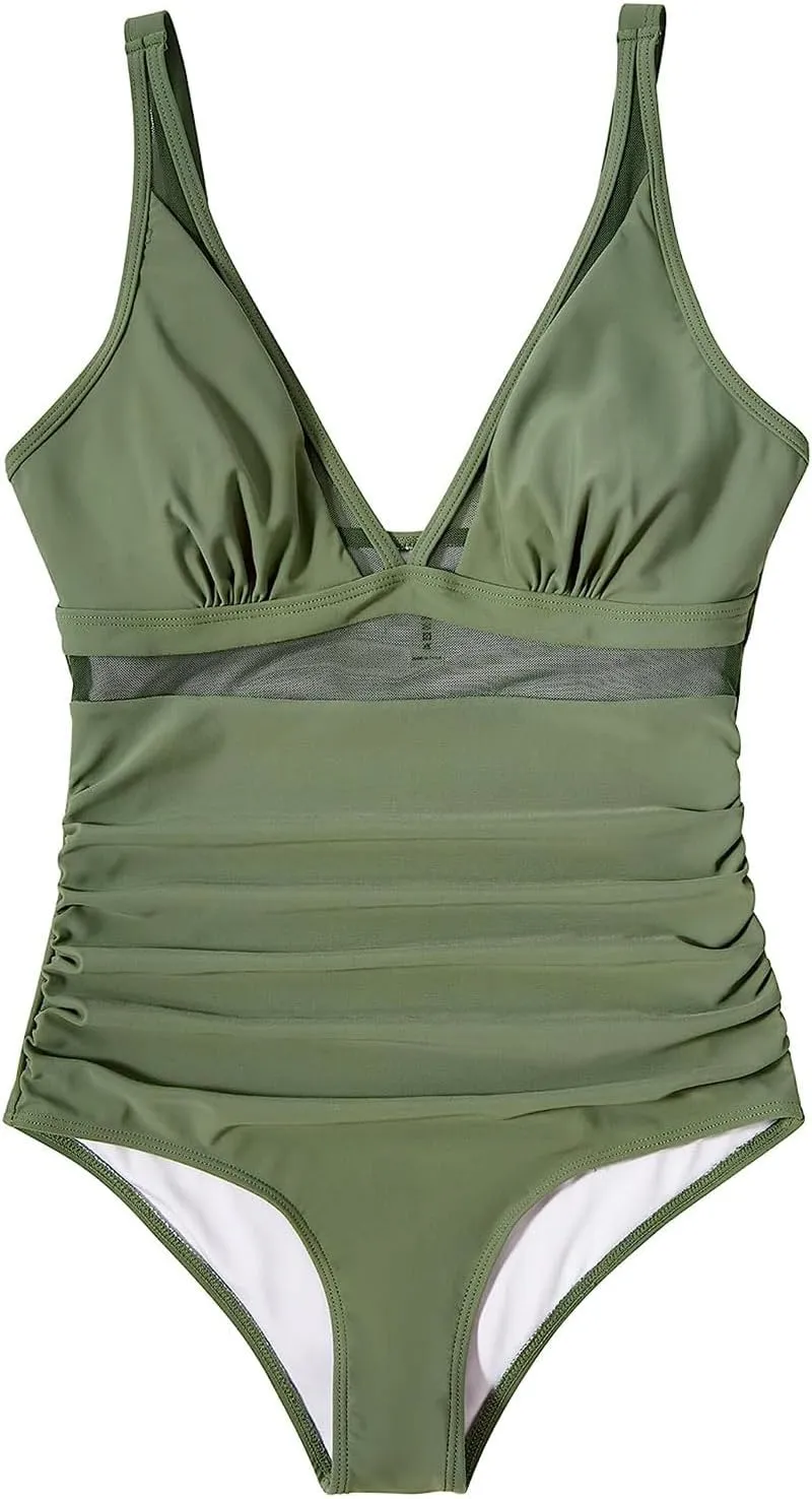Tummy Control Swimsuits for Women One Piece High Waist V Neck Ruched Mesh Bathing Suit Sexy Adjustable Strap Swimwear