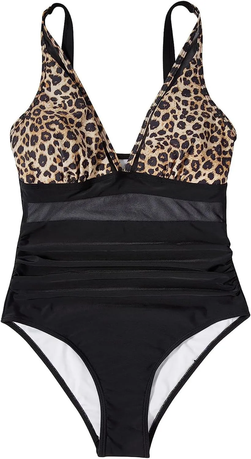 Tummy Control Swimsuits for Women One Piece High Waist V Neck Ruched Mesh Bathing Suit Sexy Adjustable Strap Swimwear