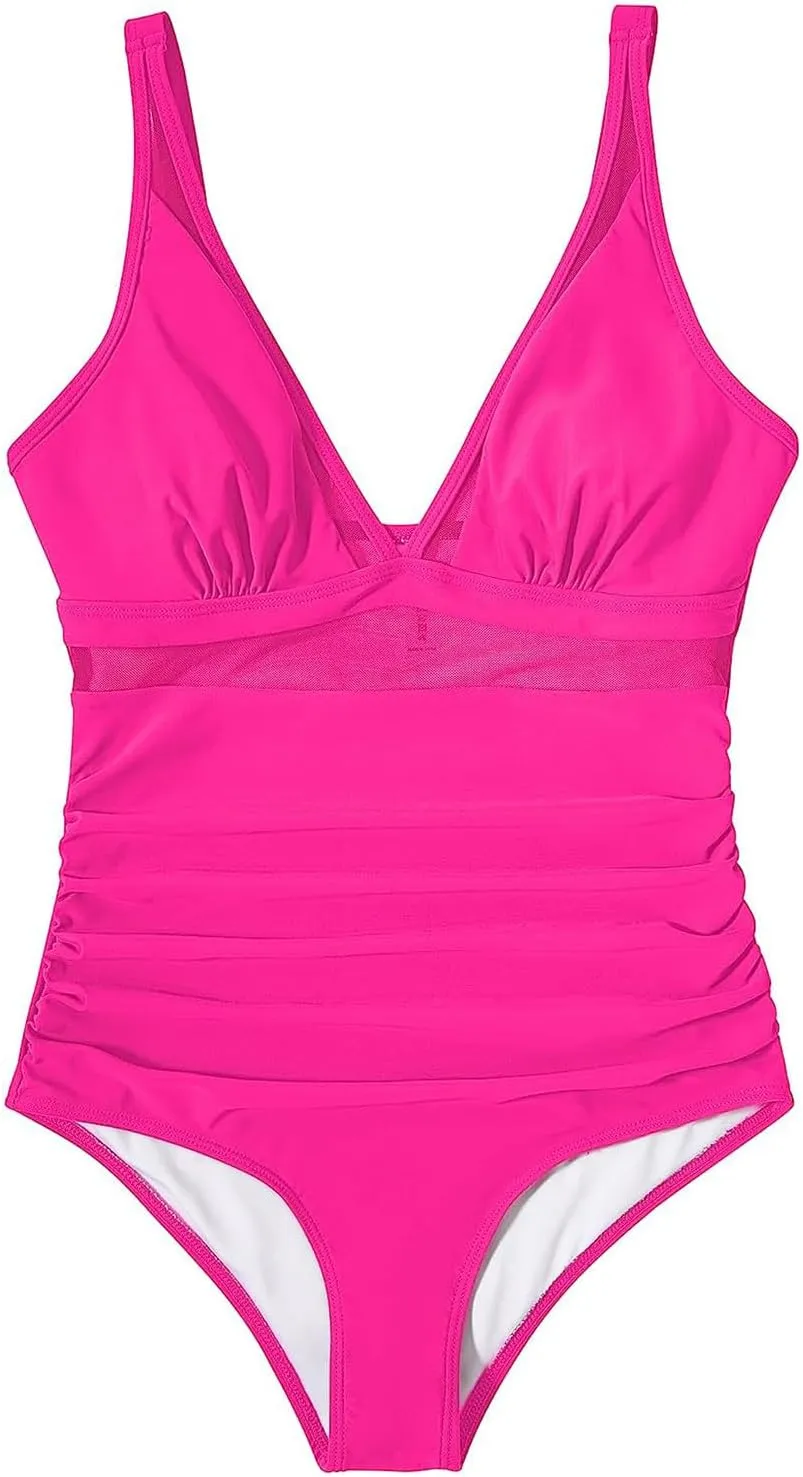 Tummy Control Swimsuits for Women One Piece High Waist V Neck Ruched Mesh Bathing Suit Sexy Adjustable Strap Swimwear