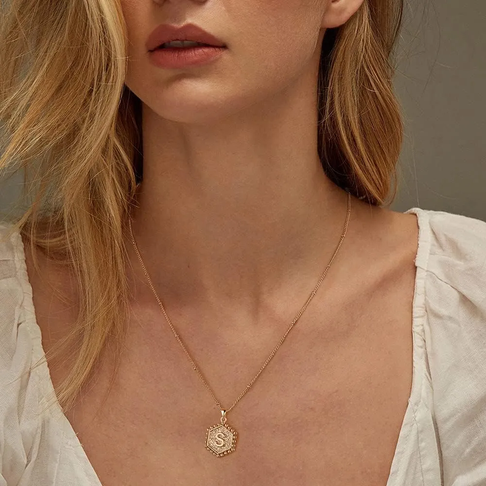Turandoss Gold Layered Initial Necklaces for Women, 14K Gold Plated Bar Necklace Handmade Layering Hexagon Letter Pendant Beads Chain Necklace Layered Necklaces for Women Gold Jewelry Gifts