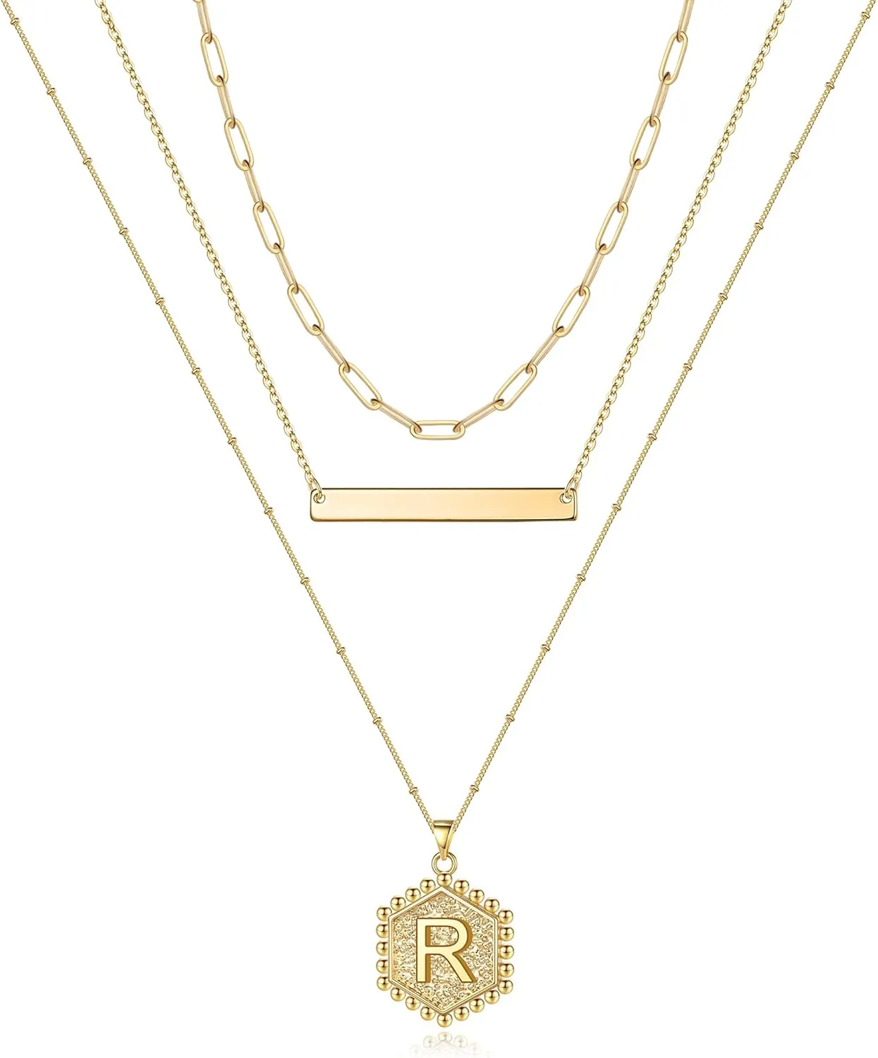 Turandoss Gold Layered Initial Necklaces for Women, 14K Gold Plated Bar Necklace Handmade Layering Hexagon Letter Pendant Beads Chain Necklace Layered Necklaces for Women Gold Jewelry Gifts