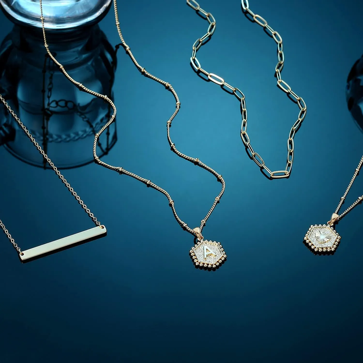 Turandoss Gold Layered Initial Necklaces for Women, 14K Gold Plated Bar Necklace Handmade Layering Hexagon Letter Pendant Beads Chain Necklace Layered Necklaces for Women Gold Jewelry Gifts