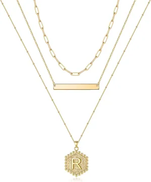 Turandoss Gold Layered Initial Necklaces for Women, 14K Gold Plated Bar Necklace Handmade Layering Hexagon Letter Pendant Beads Chain Necklace Layered Necklaces for Women Gold Jewelry Gifts