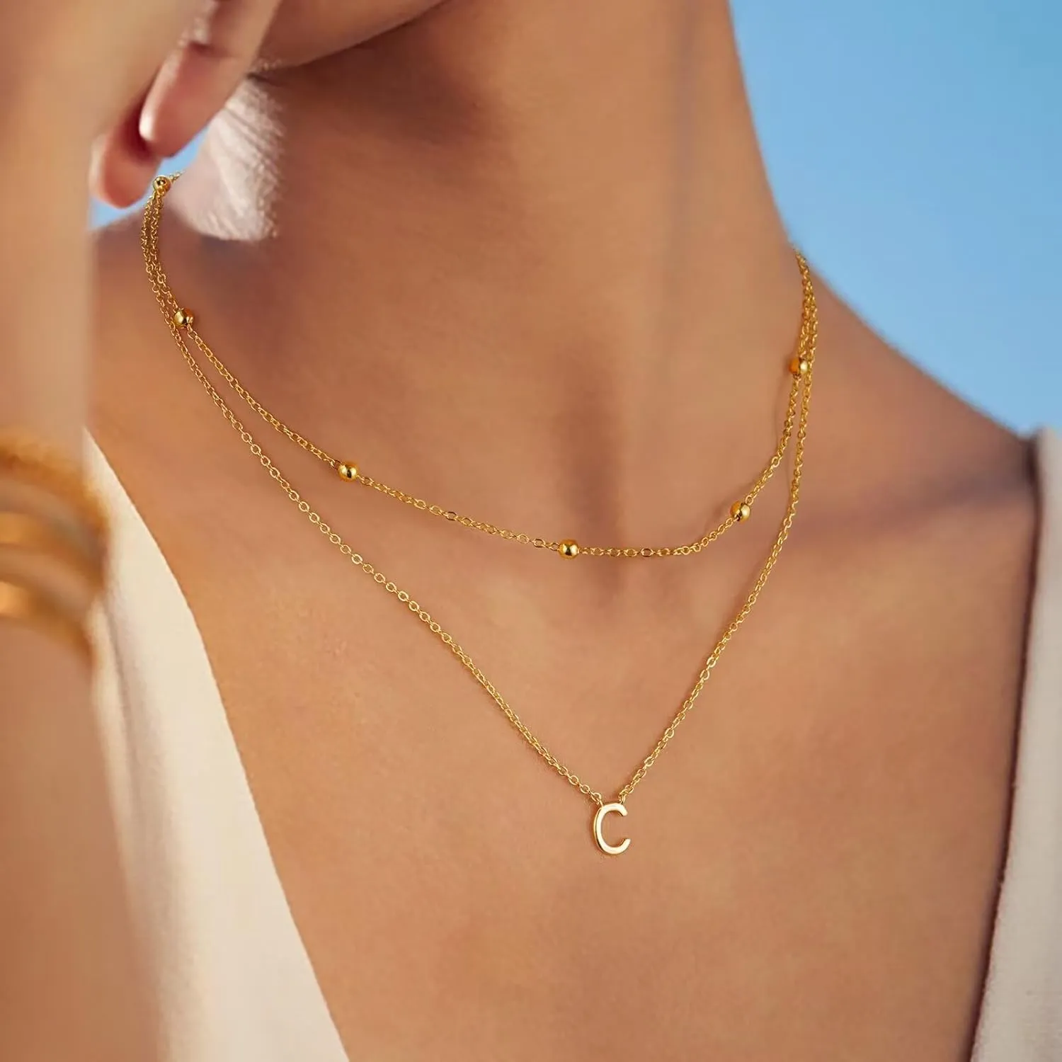 Turandoss Layered Gold Initial Necklaces for Women, 18K Gold Plated Letter A-Z Initial Pendant Necklaces Personalized 26 Alphabet Monogram Gold Initial Necklaces for Women Jewelry Gifts
