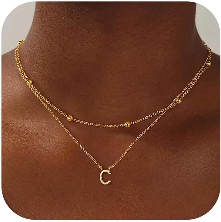 Turandoss Layered Gold Initial Necklaces for Women, 18K Gold Plated Letter A-Z Initial Pendant Necklaces Personalized 26 Alphabet Monogram Gold Initial Necklaces for Women Jewelry Gifts