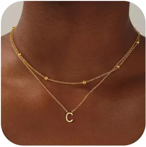 Turandoss Layered Gold Initial Necklaces for Women, 18K Gold Plated Letter A-Z Initial Pendant Necklaces Personalized 26 Alphabet Monogram Gold Initial Necklaces for Women Jewelry Gifts