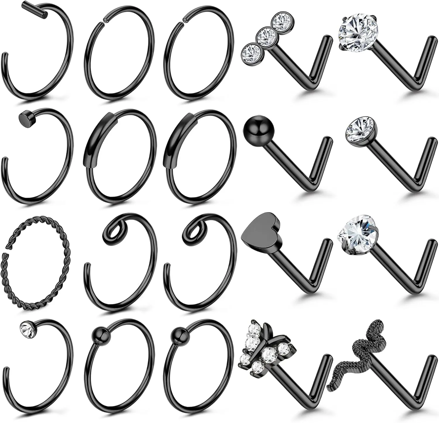 UBGICIG 20 Pcs 20G Nose Rings Hoop Studs Sets for Women 316L Surgical Stainless Steel Screw Silver Gold Black Hypoallergenic Nostril Piercing Jewelry