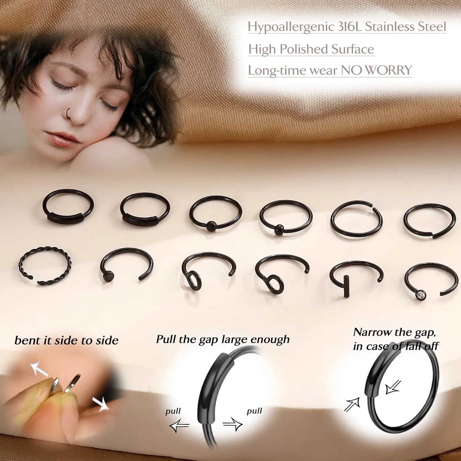 UBGICIG 20 Pcs 20G Nose Rings Hoop Studs Sets for Women 316L Surgical Stainless Steel Screw Silver Gold Black Hypoallergenic Nostril Piercing Jewelry