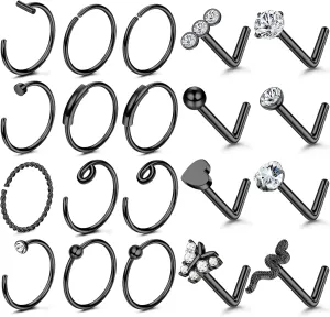 UBGICIG 20 Pcs 20G Nose Rings Hoop Studs Sets for Women 316L Surgical Stainless Steel Screw Silver Gold Black Hypoallergenic Nostril Piercing Jewelry