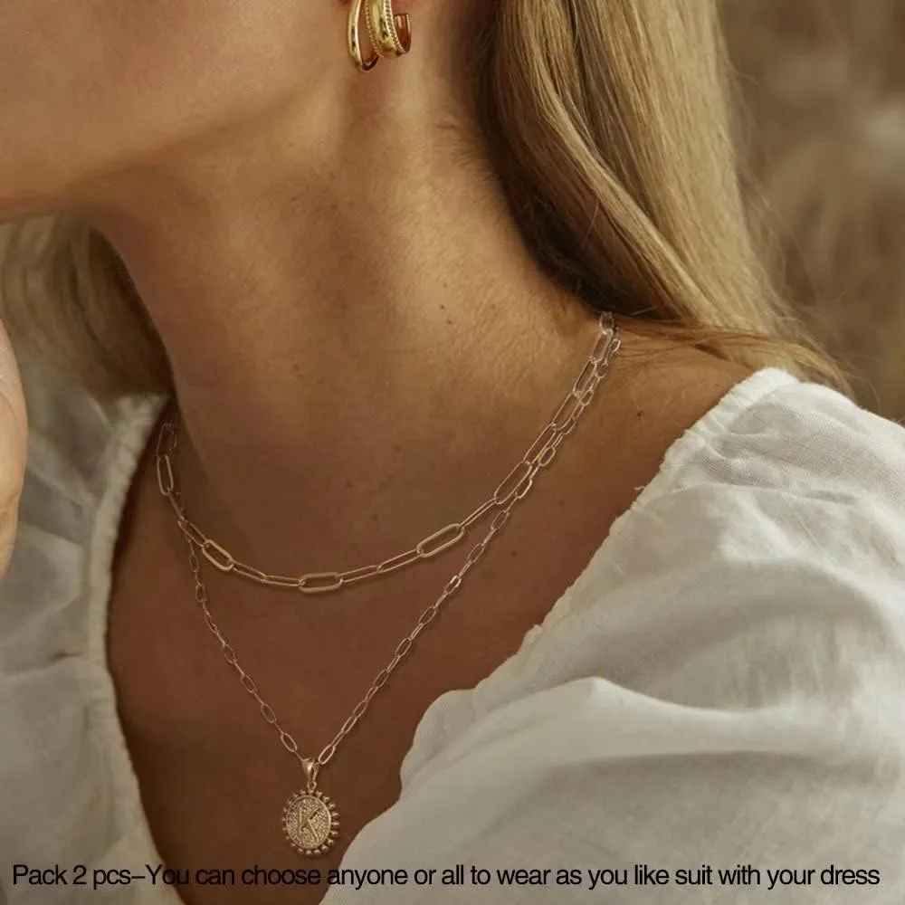 Ursteel Layered Initial Necklaces for Women - 14K Gold Plated Dainty Layering Paperclip Chain Necklaces for Women Jewelry