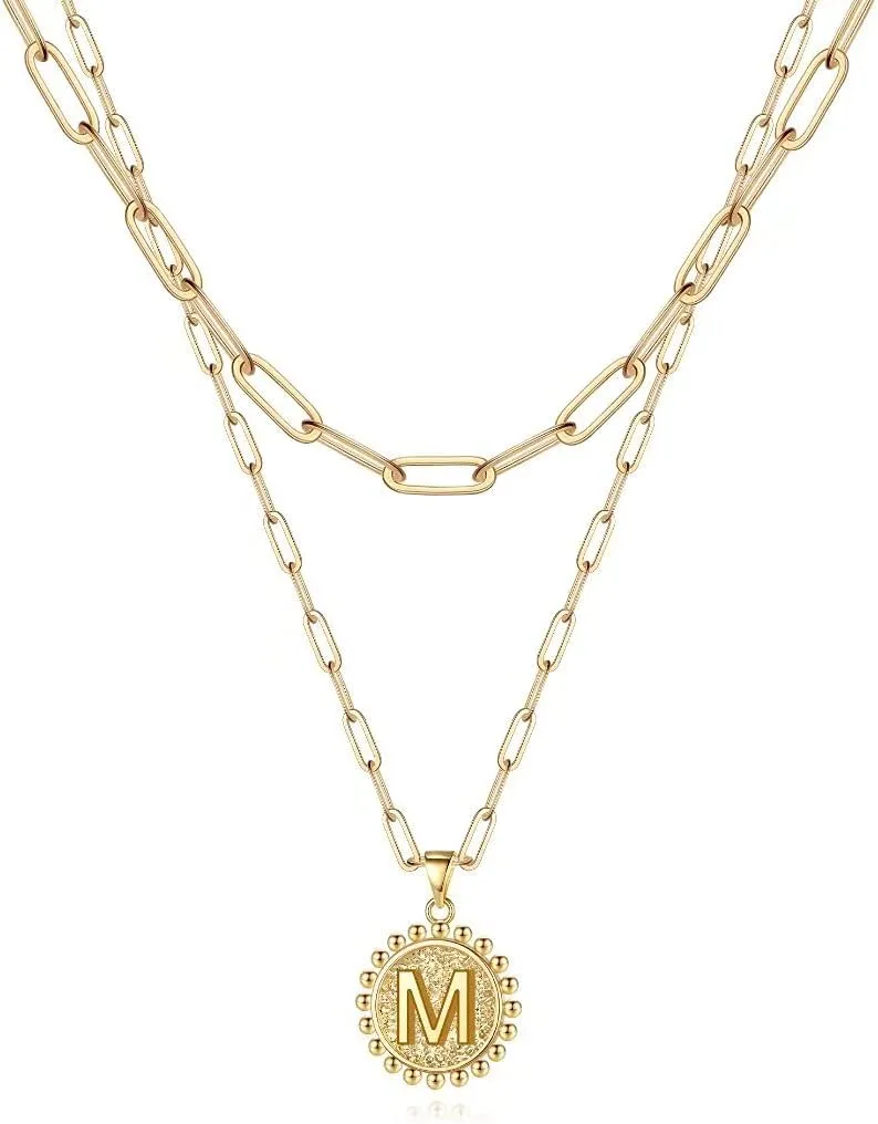 Ursteel Layered Initial Necklaces for Women - 14K Gold Plated Dainty Layering Paperclip Chain Necklaces for Women Jewelry