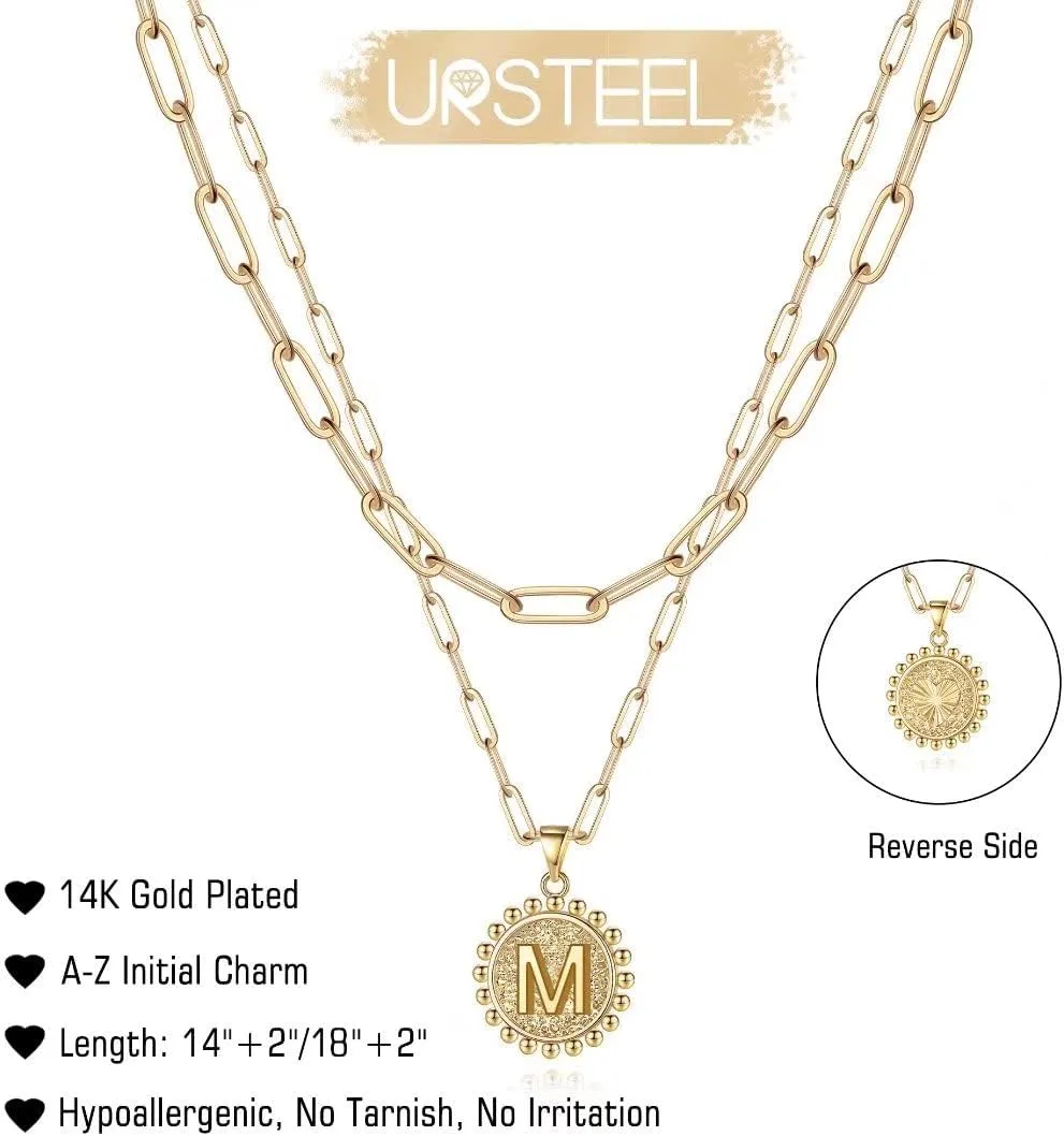 Ursteel Layered Initial Necklaces for Women - 14K Gold Plated Dainty Layering Paperclip Chain Necklaces for Women Jewelry