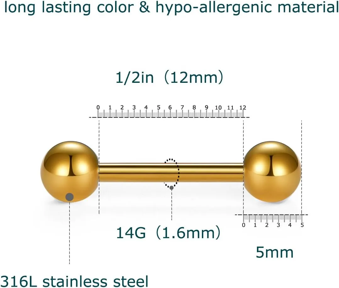 VCMART 12mm-18mm 14G Tongue Rings Nipple Straight Barbells Surgical Steel Body Piercing Jewelry