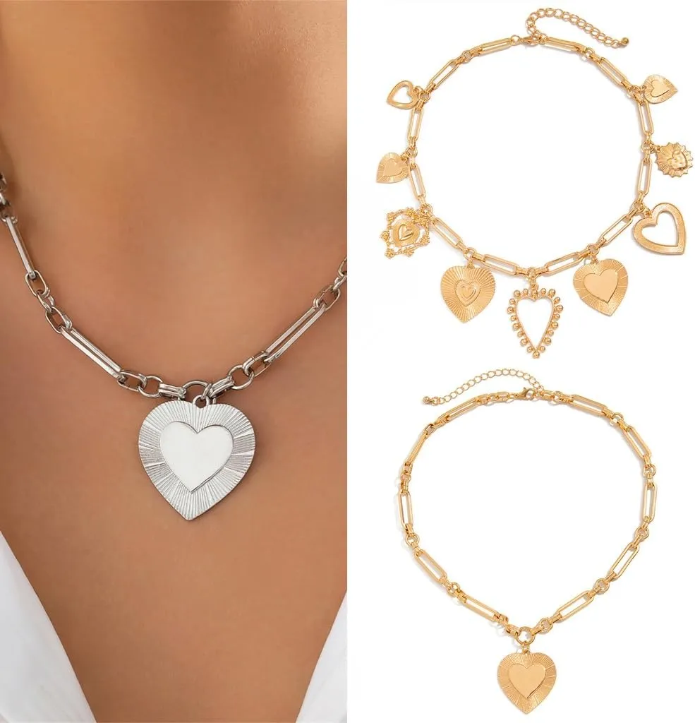 Vintage Geometric Heart Pendant Necklace Adjustable Length Neckchain for Women Elegant Clavicle Chain Party Jewelry