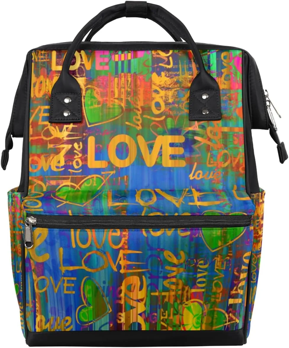 Vintage Graffiti Valentine Diaper Bag Tote Large Capacity Waterproof with Adjustable Shoulder Strap and Pram Straps Mommy Bag for Hospital Beach Weekender Travel