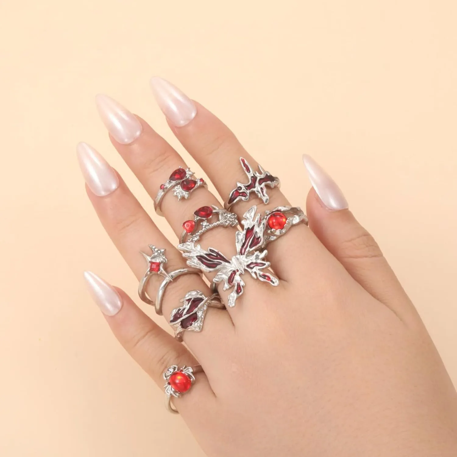 Vintage Silver Knuckle Rings Set for Women Butterfly Red Gemstone Ring Punk Gothic Spider Ring Green Crystal Statement Rings Adjustable Opening Stackable Ring Halloween Jewelry