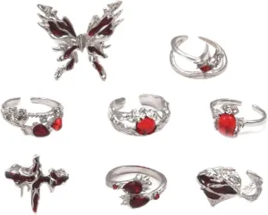 Vintage Silver Knuckle Rings Set for Women Butterfly Red Gemstone Ring Punk Gothic Spider Ring Green Crystal Statement Rings Adjustable Opening Stackable Ring Halloween Jewelry